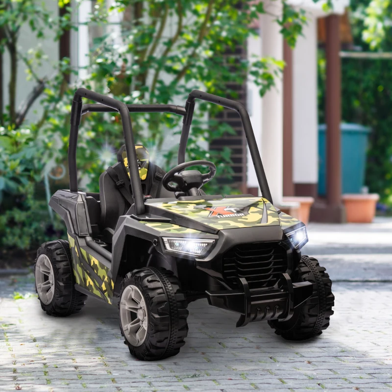 Camouflage ride-on off-road buggy parked on patio near garden.