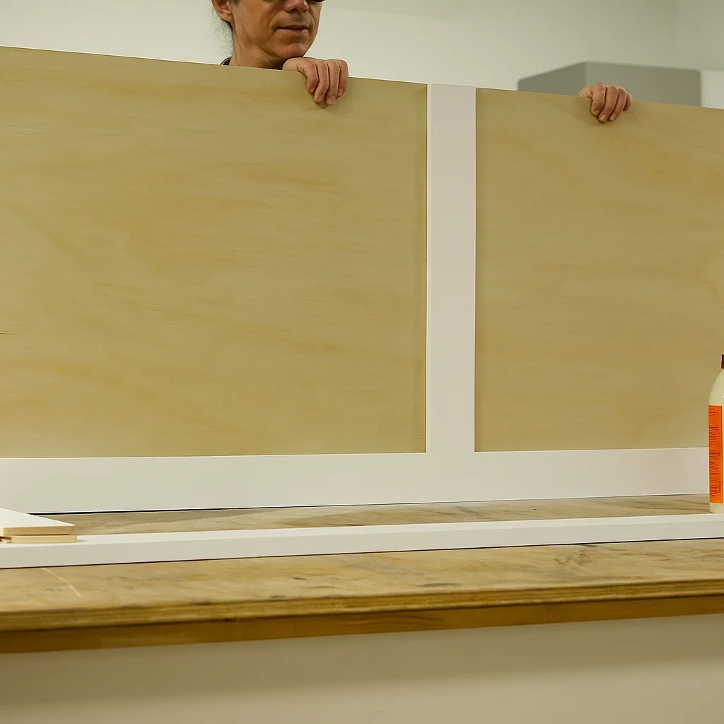 Carpenter installing large plywood doors on a custom pantry cabinet using concealed hinges in workshop.