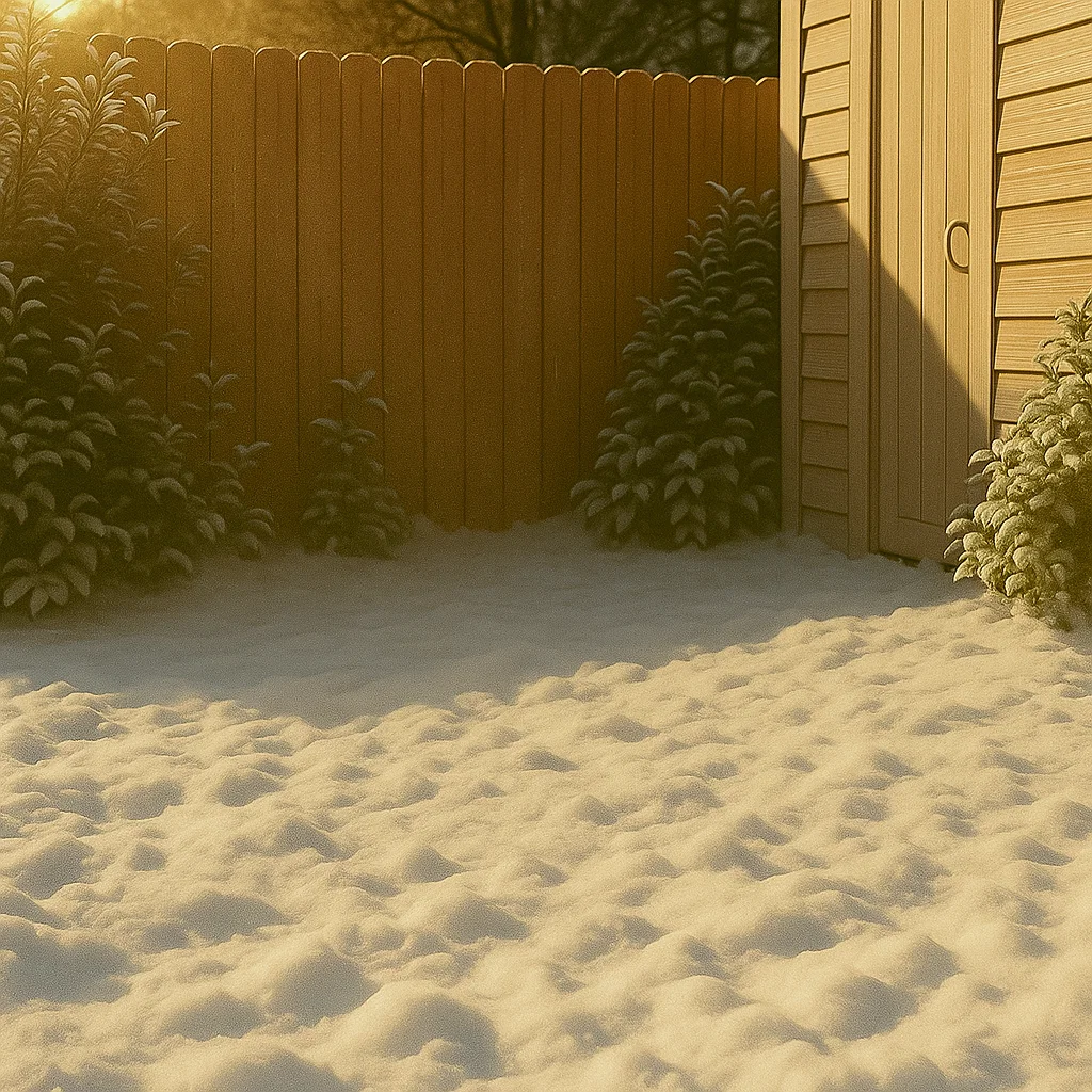 Snow-covered backyard with wooden fence and evergreen bushes in warm sunset lighting.