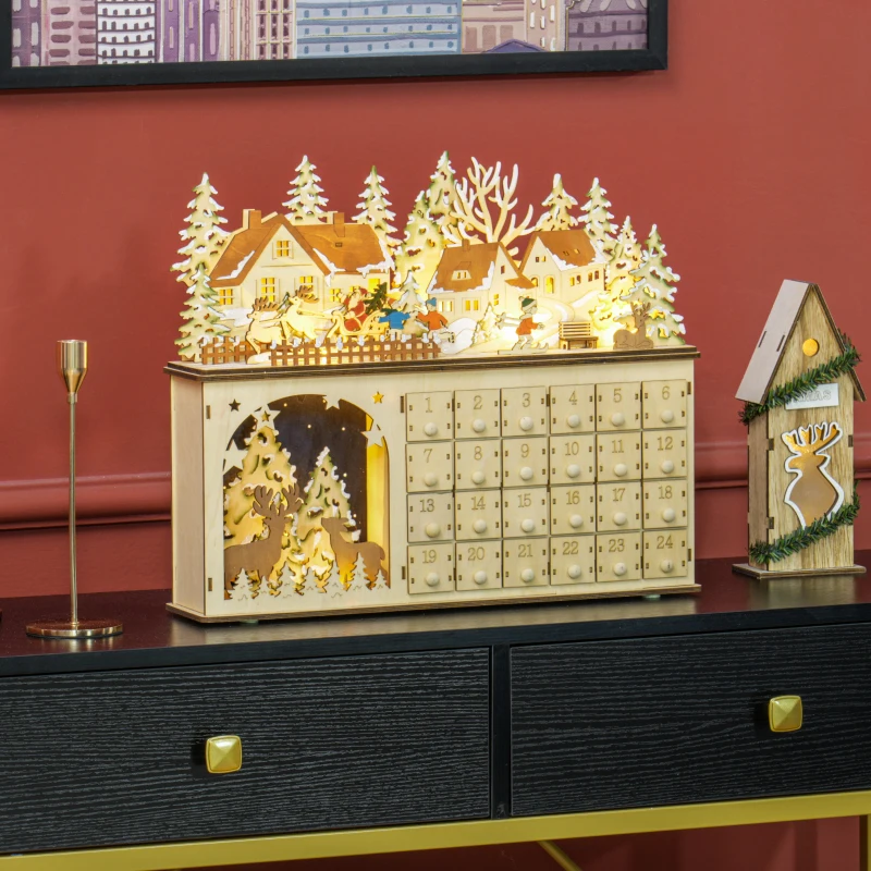 Illuminated wooden advent calendar featuring reindeer and village scene.
