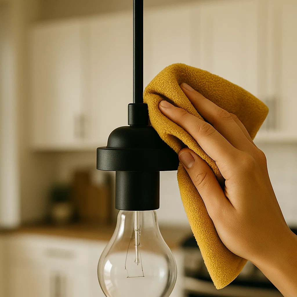 Cleaning pendant light cord and metal parts using microfiber cloth.