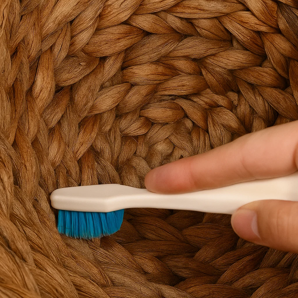 Using a small brush to clean tight areas of a woven bed.