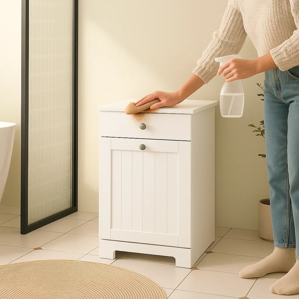 Person cleaning white bathroom cabinet with sponge and spray bottle.