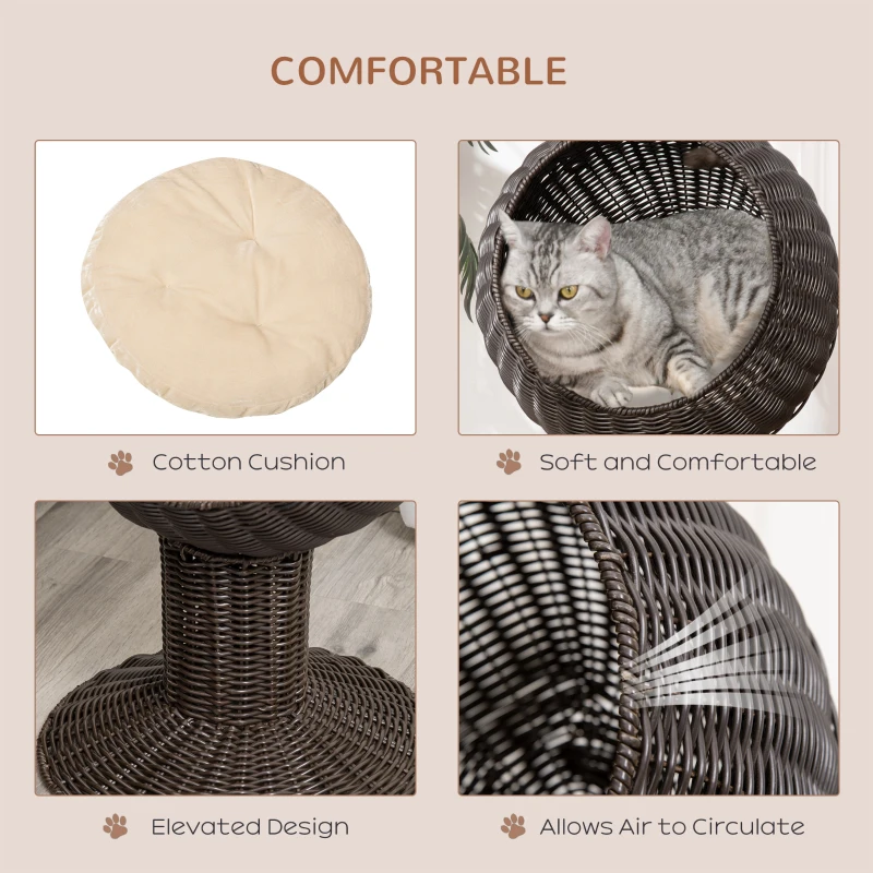 Four images showing cotton cushion, cat resting inside bed, elevated base, and breathable rattan construction.
