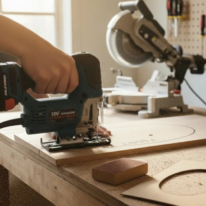 Cutting a circular opening in a wooden board using a jigsaw.