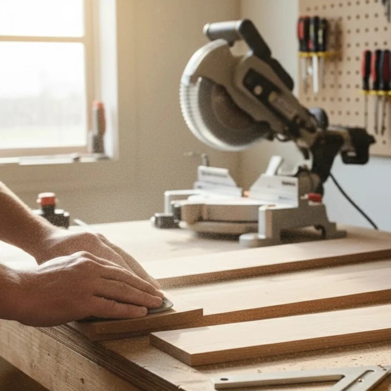 Hand sanding wooden panels on a workshop table.