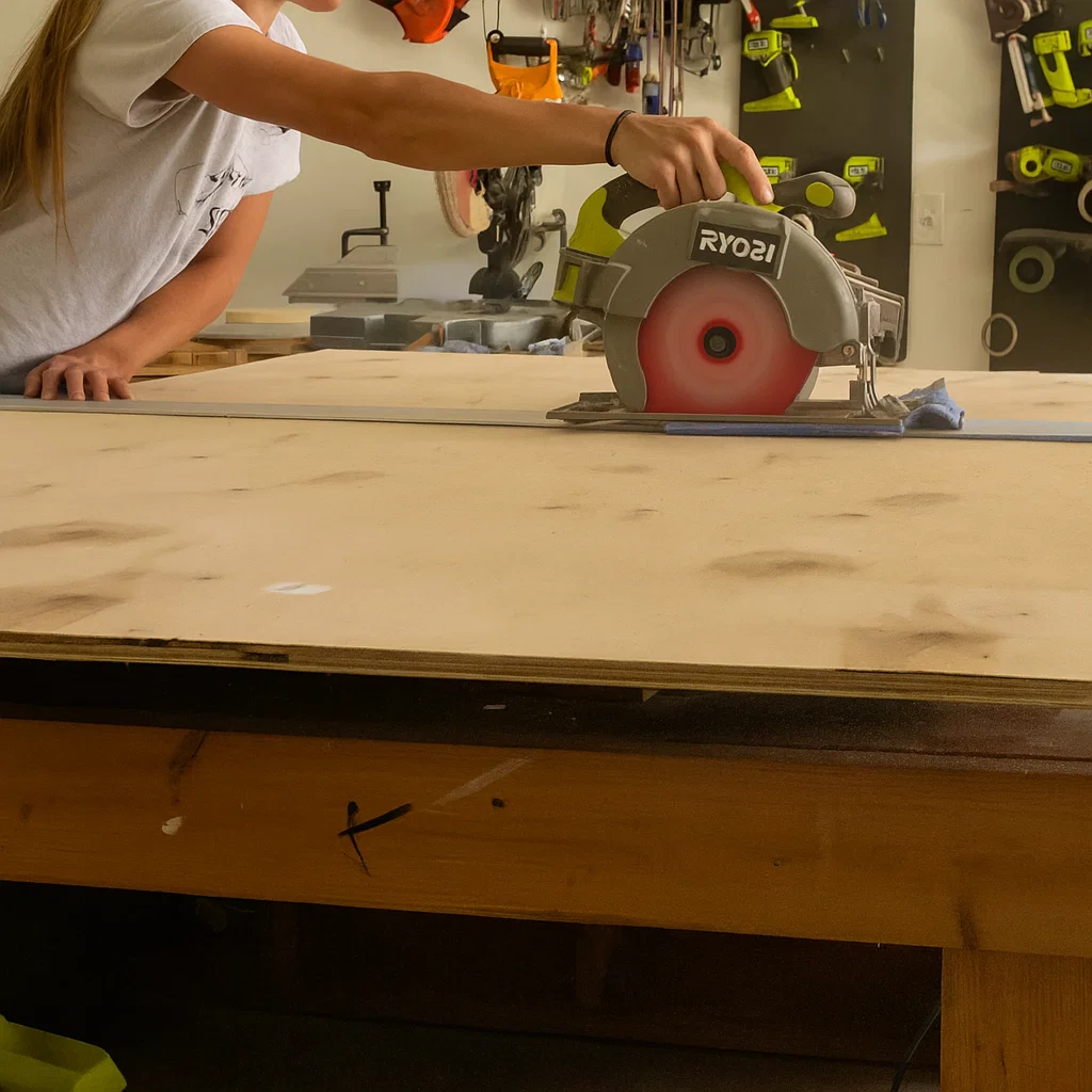 Worker cutting a large plywood back panel on a workbench using a circular saw with guide rail.