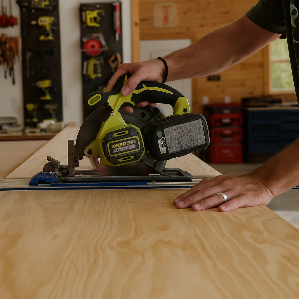 Person cutting two tall plywood side panels with a circular saw for a freestanding kitchen pantry.