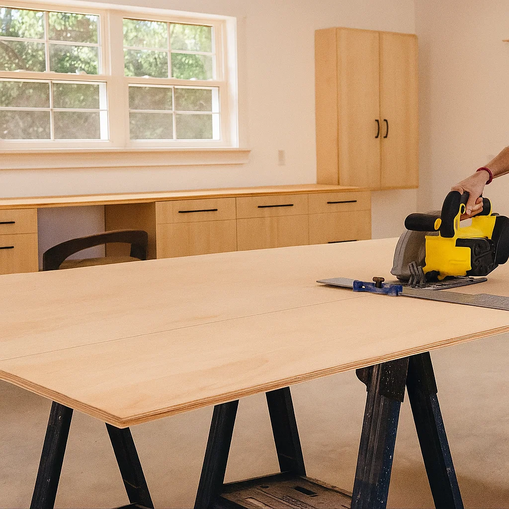 Person using a circular saw to cut large plywood sheets accurately on sawhorses in a bright workshop.