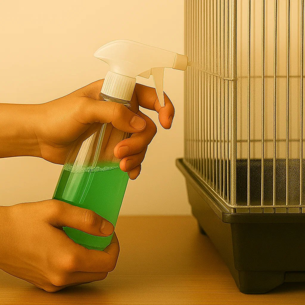 Hands spraying green cleaner onto bird cage bars.