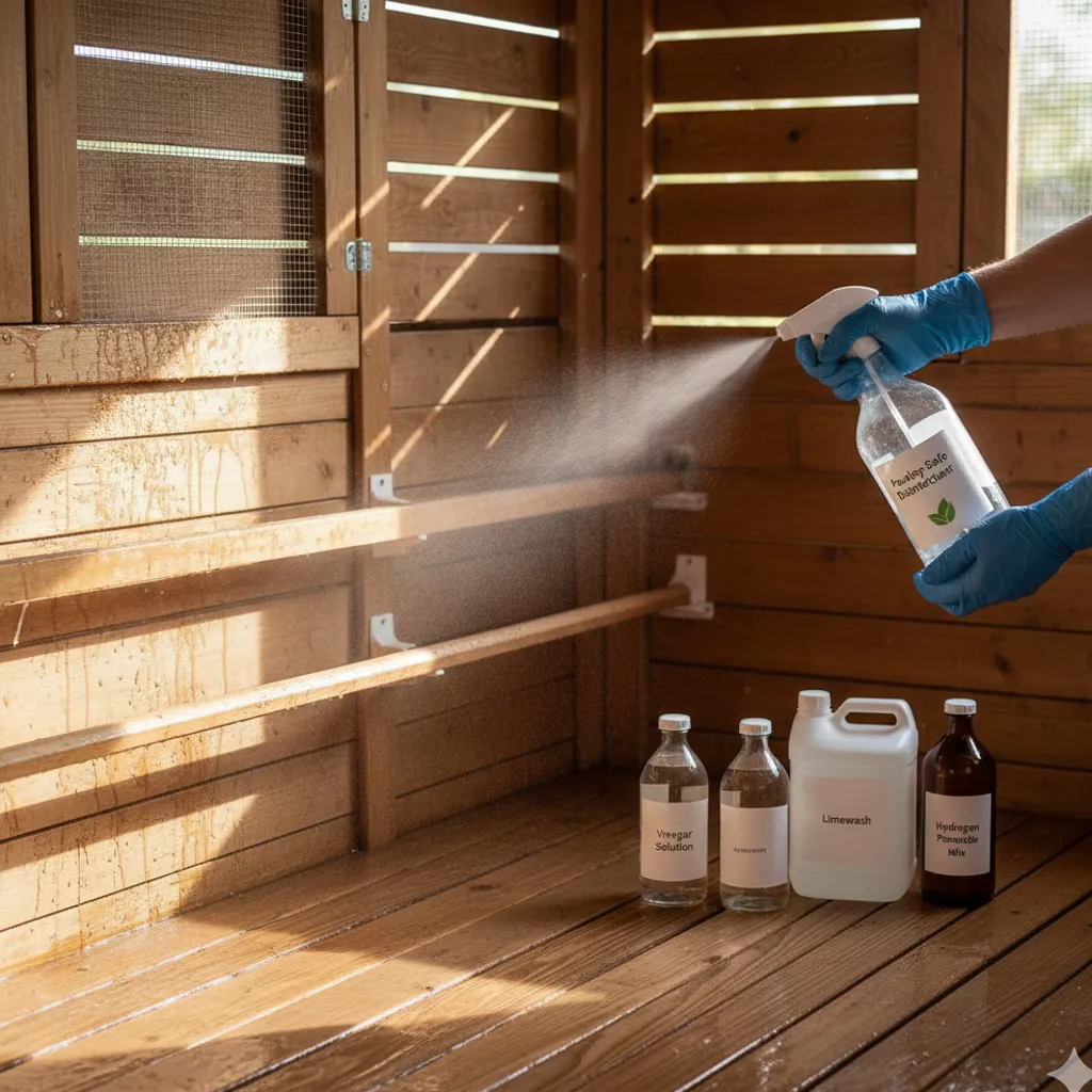 Spraying disinfectant inside a wooden coop with cleaning bottles on the floor.