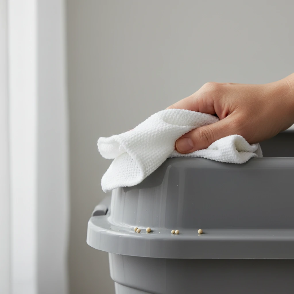 Hand wiping the top of a litter box.