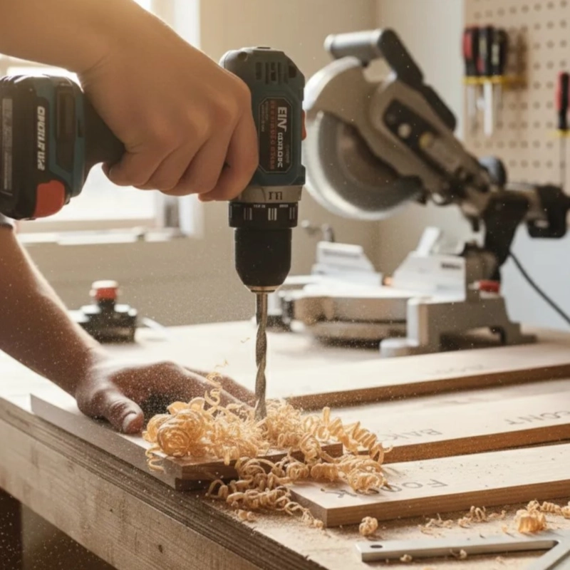 Person drilling holes into a wooden board with wood shavings.