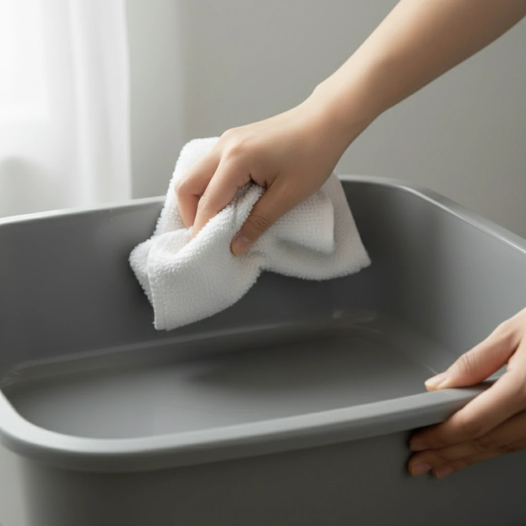 Drying the empty litter box with a cloth.