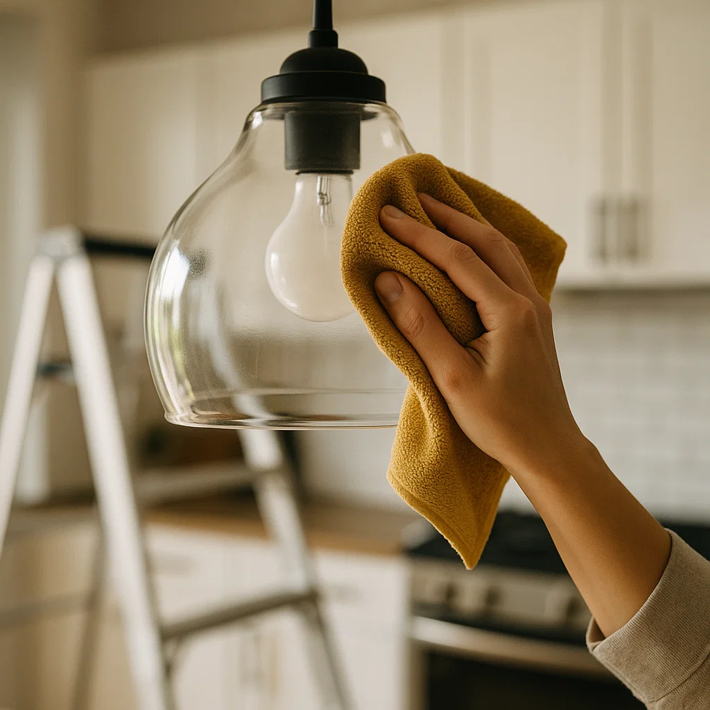 Person dusting pendant light fixture with soft yellow cloth.