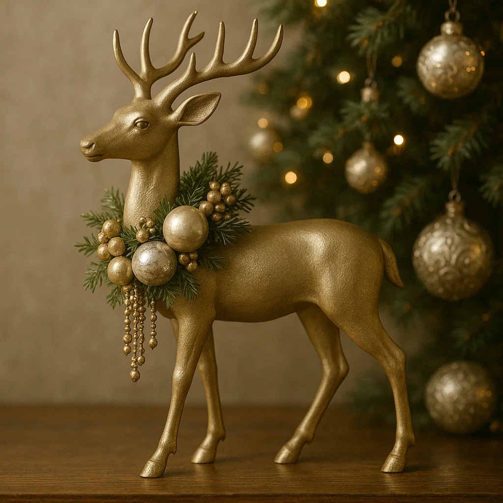 Gold reindeer figurine with bauble wreath beside decorated Christmas tree.