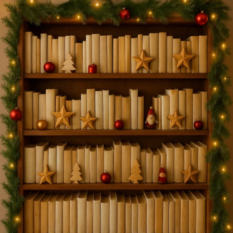 Bookshelf decorated for Christmas with uniform books, garland, lights, stars, and ornaments.