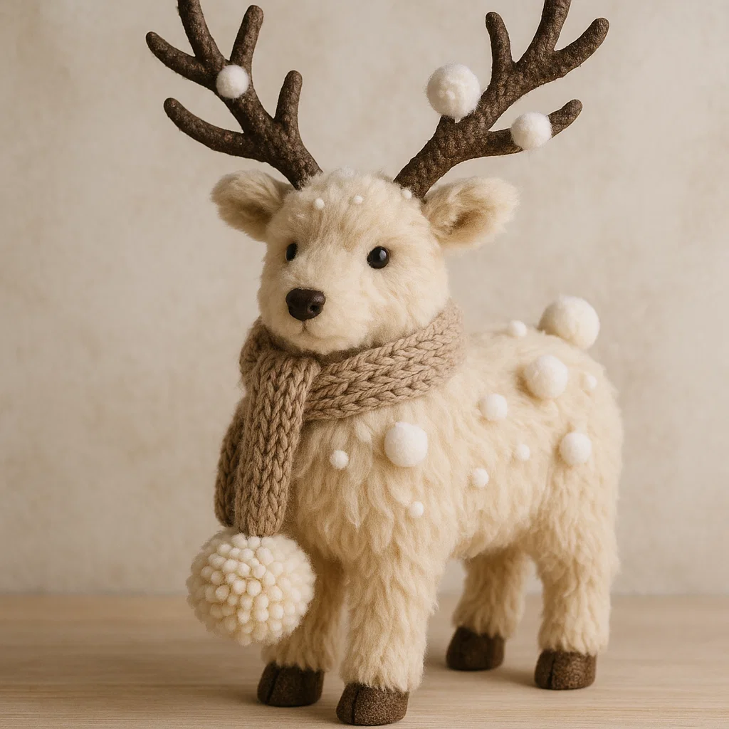 Soft beige reindeer figurine with scarf and pom-pom details.