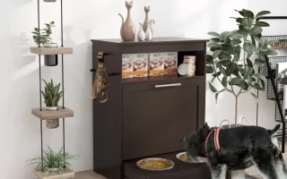 Dark wood pet feeding station and storage cabinet, Schnauzer eating.