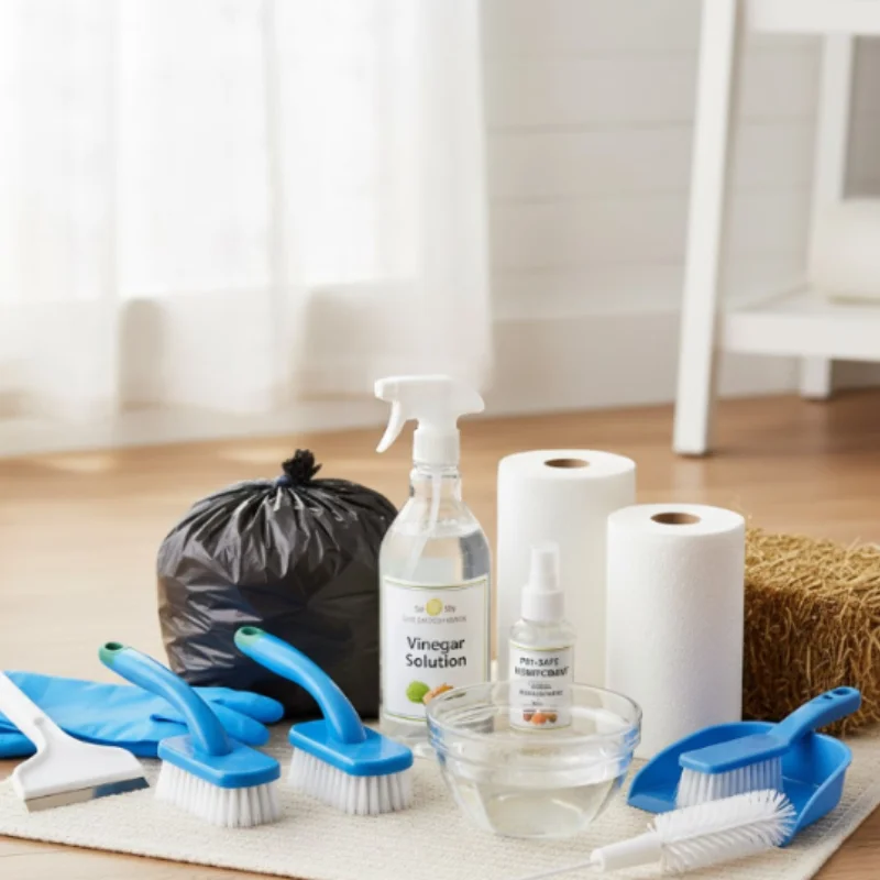 Rabbit cleaning supplies including brushes, gloves, vinegar solution, towels, waste bag, and water bowl.