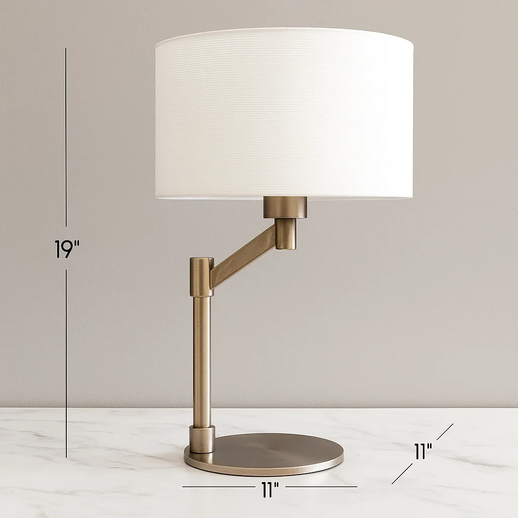 Modern table lamp with 19-inch height and 11-inch base on marble surface.