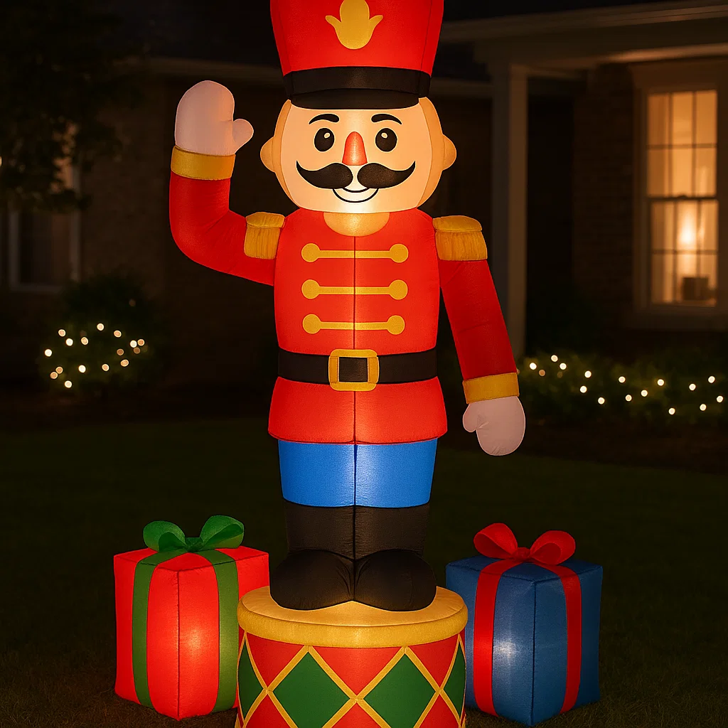 Inflatable nutcracker soldier with gifts glowing outdoors at night.