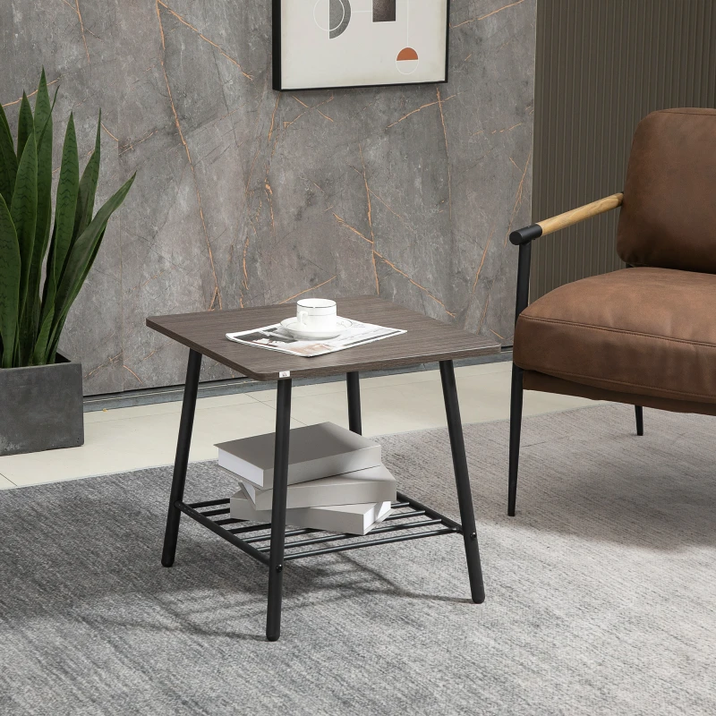 Modern square coffee table with magazine rack and books.