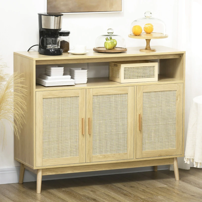 Light wooden sideboard with cane doors and kitchen accessories on top.