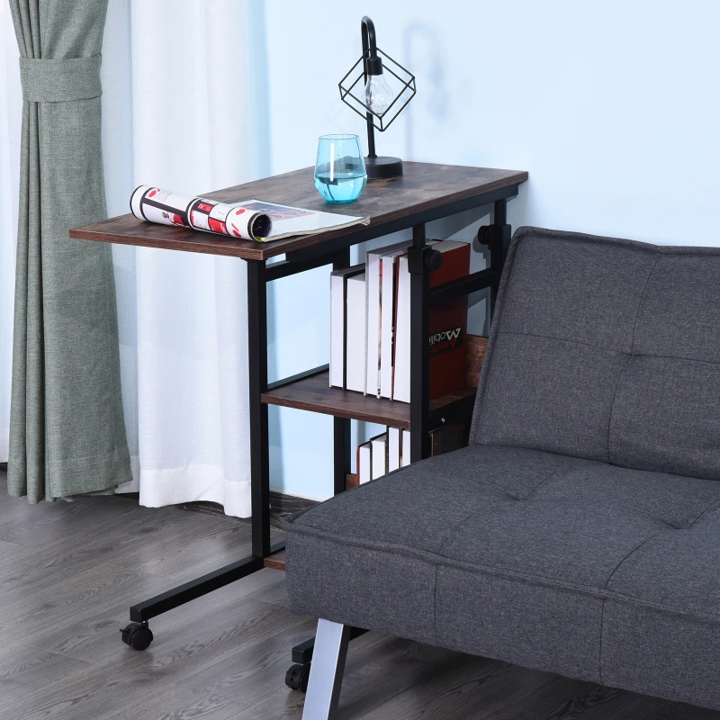 Rolling C-shaped side table beside sofa with books and glass.