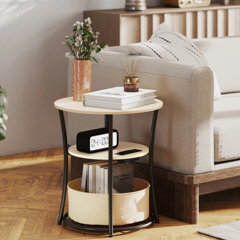 Round wooden side table with storage basket and books by sofa.