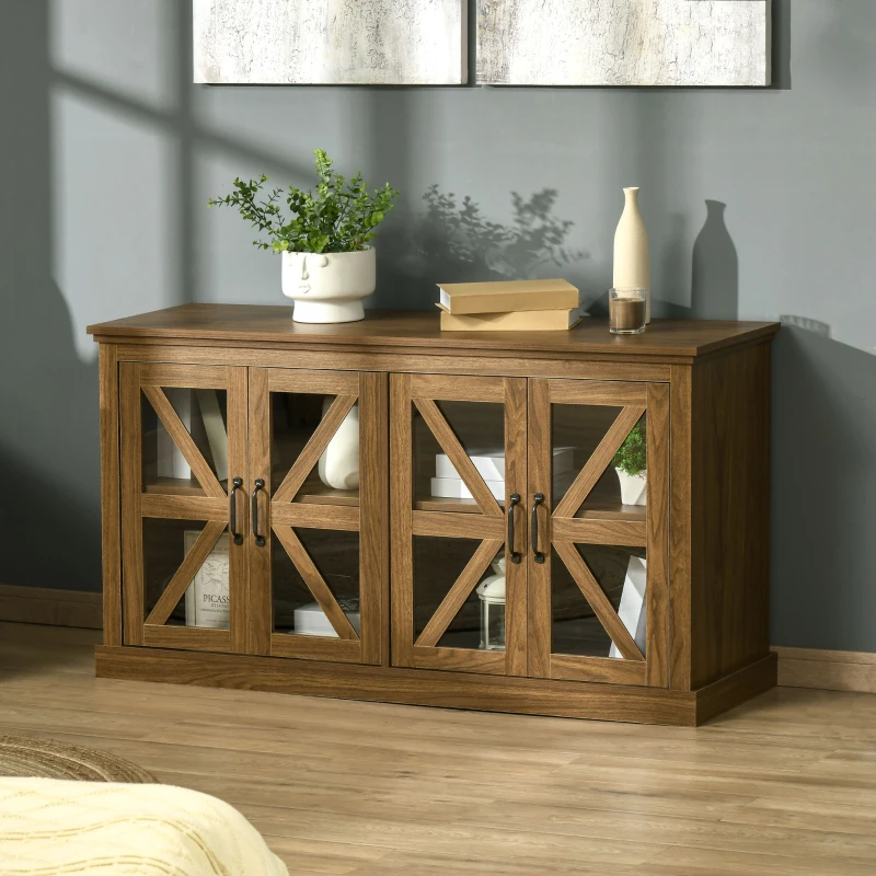 Wooden cabinet with glass doors and plants against gray accent wall.
