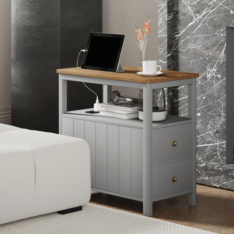 Grey side table with wood top, tablet, and coffee cup.