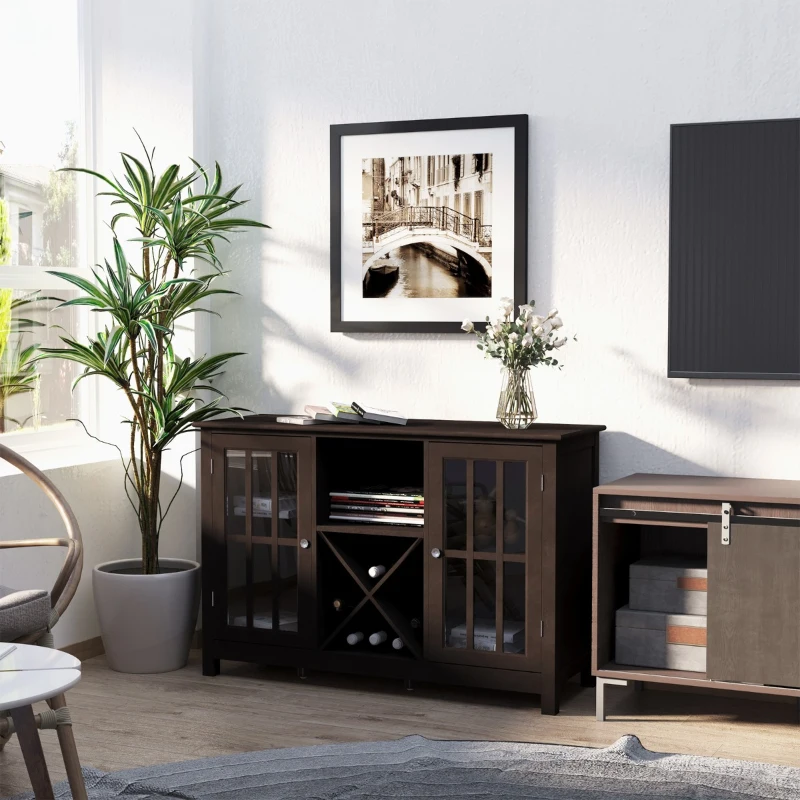 Dark wooden cabinet with glass doors and framed wall art in modern room.