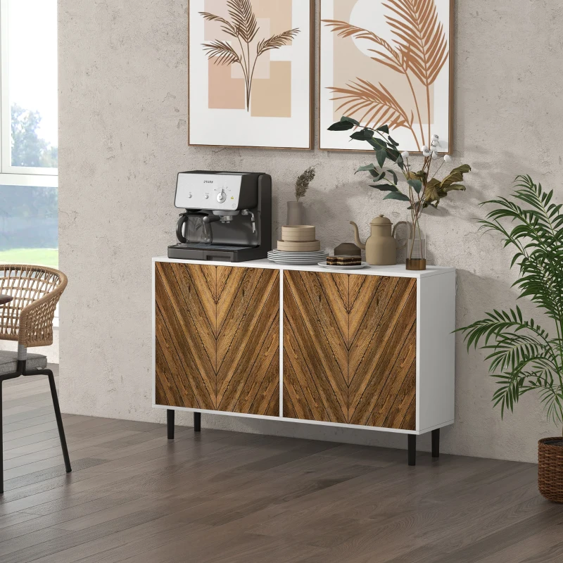 White and brown sideboard with coffee machine and wall décor.