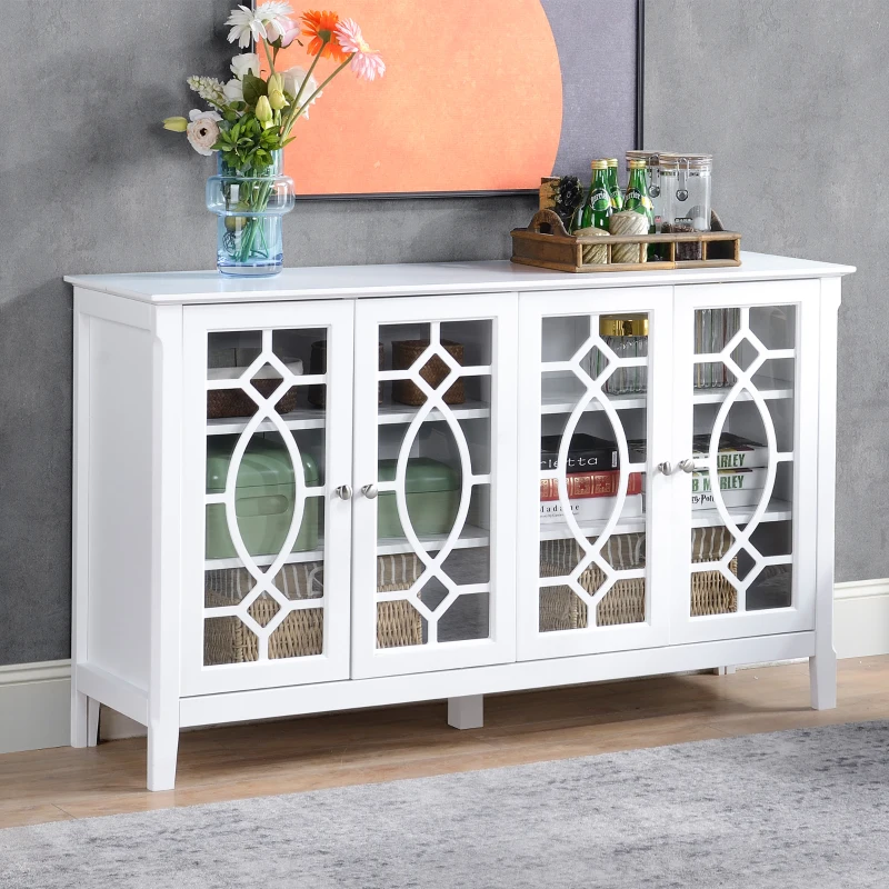 White glass-door cabinet with decorative pattern and colorful wall art above.
