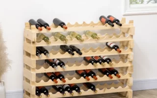 Natural wooden wine rack displayed filled with bottles, showing final assembled structure.