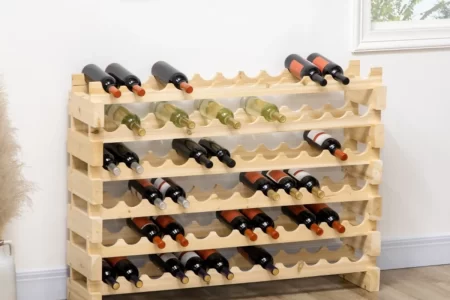 Natural wooden wine rack displayed filled with bottles, showing final assembled structure.