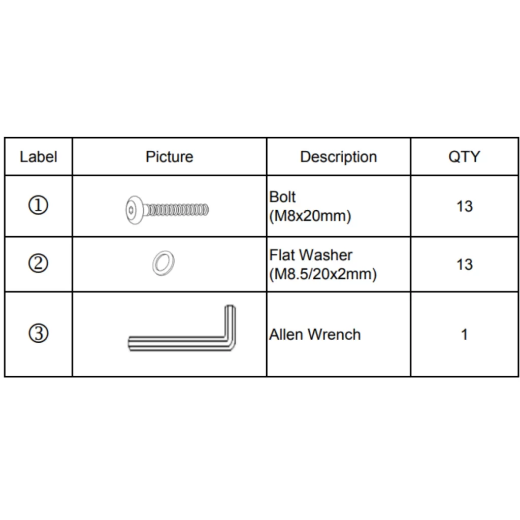 Hardware list showing bolts, washers, and Allen wrench for table assembly.
