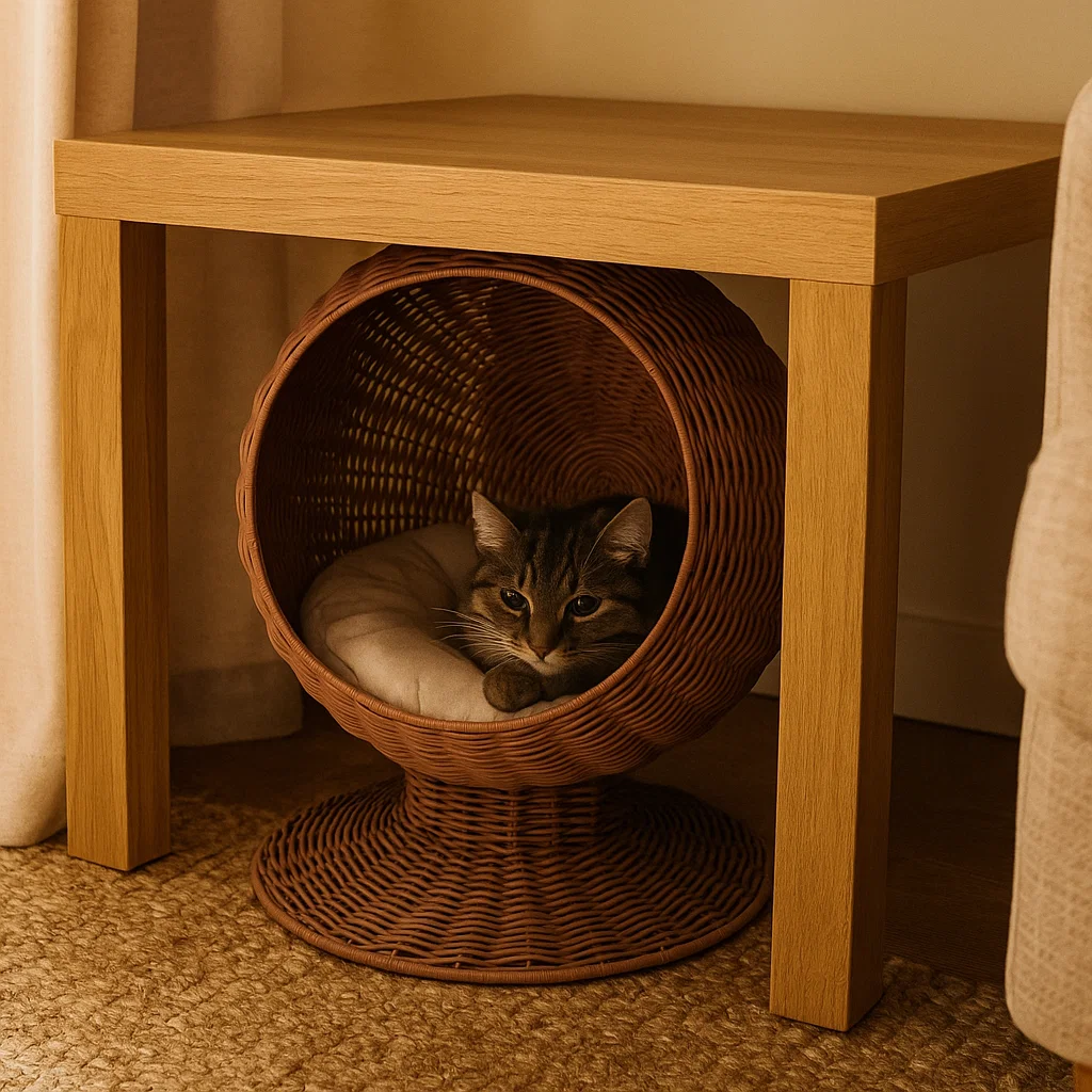 cat lying inside wicker cave bed under wooden table