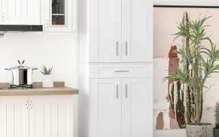 Finished white kitchen pantry cabinet with double doors neatly placed beside countertop and indoor plants.