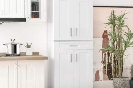 Finished white kitchen pantry cabinet with double doors neatly placed beside countertop and indoor plants.