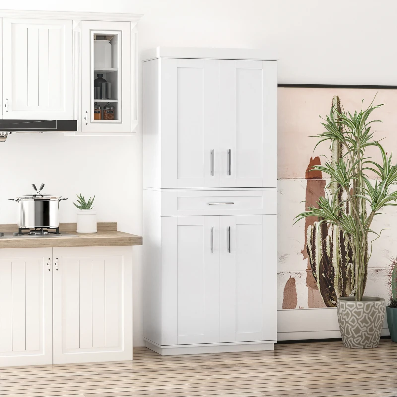  Finished white kitchen pantry cabinet with double doors neatly placed beside countertop and indoor plants.