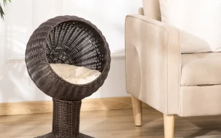 Elevated dark rattan cat bed with cushioned interior placed beside a beige sofa.