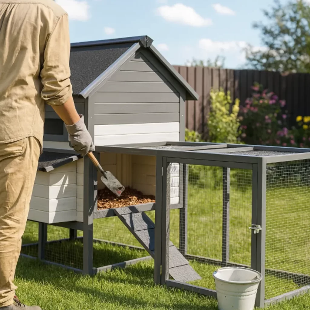 Person cleaning a chicken coop by scooping old bedding from the nesting area.
