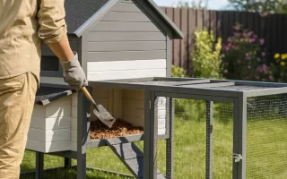 Person cleaning a chicken coop by scooping old bedding from the nesting area.