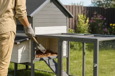 Person cleaning a chicken coop by scooping old bedding from the nesting area.
