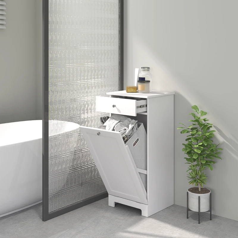 White bathroom laundry hamper with drawer open and clothes inside.