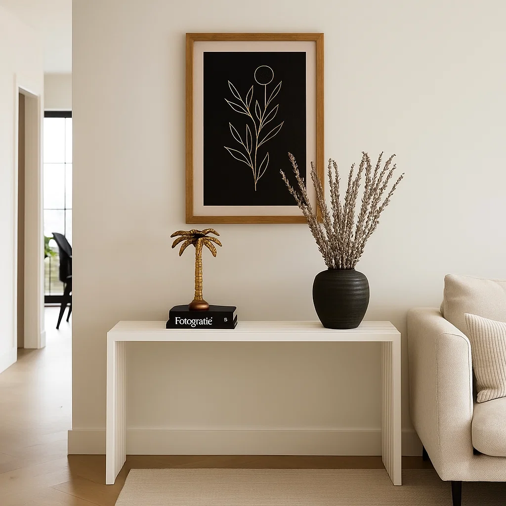 Minimalist hallway with white console table, framed art, and dark vase.