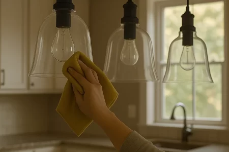 Hand cleaning glass pendant light in modern kitchen.