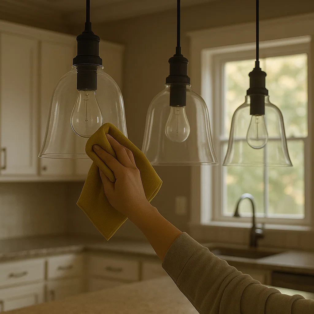 Hand cleaning glass pendant light in modern kitchen.